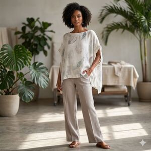 iLinen 100% Linen Poncho Top Womens One Size Leaf Print Tropical Boho